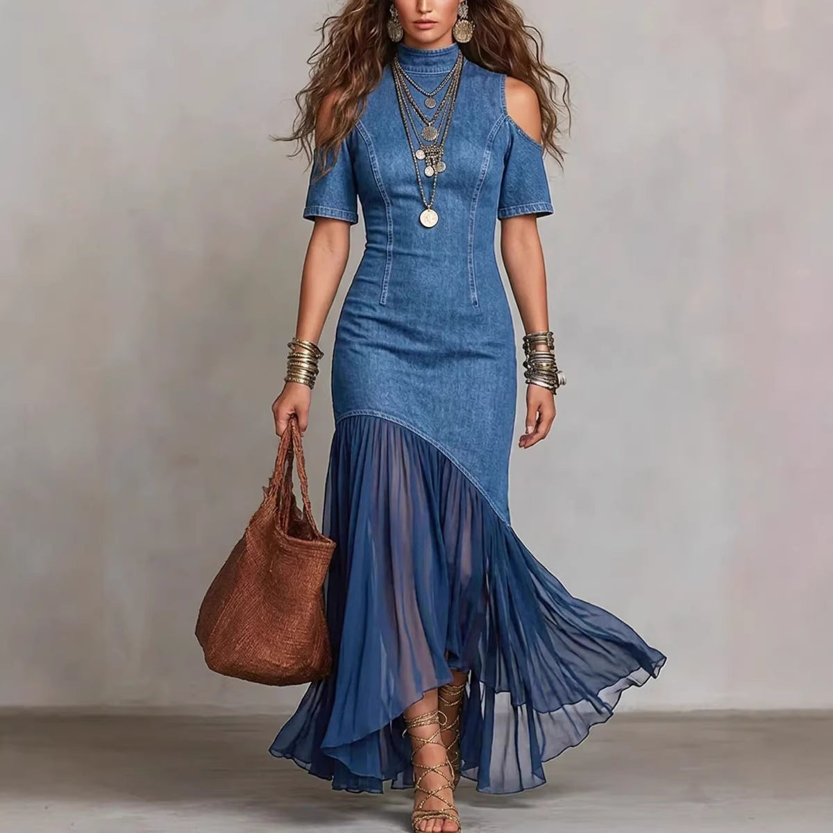 Off-shoulder Short-sleeve Mesh-hem Dress by Royal Closet