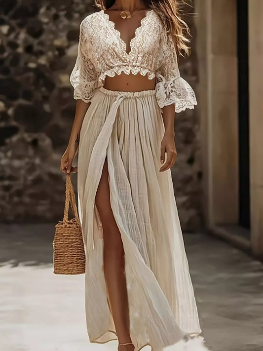 Womens Lace Crop Top and Slit Maxi Skirt Set by Trendsi