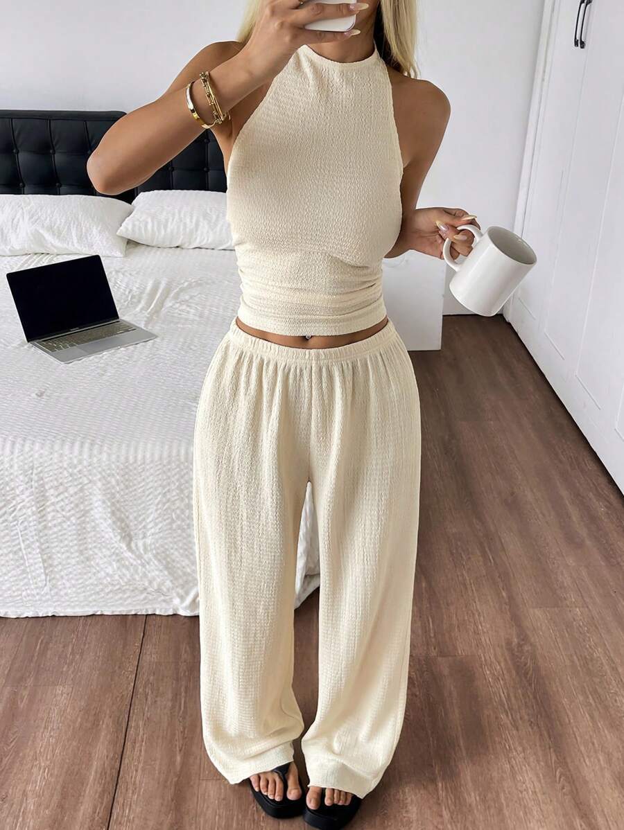 Women's Strapless Top with Wide-Leg Pants Casual Two-Piece Set by eprolo