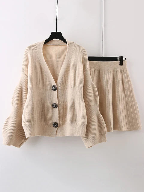 Elegant Knited Two-piece Set Women's V-neck Single Breasted Cardigan With Short Skirts Female by eprolo
