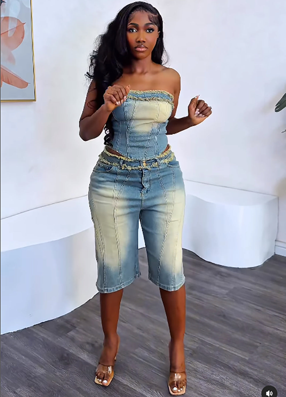 Women's Fashion Denim Set with Raw Hem Crop Top and High-Waisted Denim Shorts by eprolo