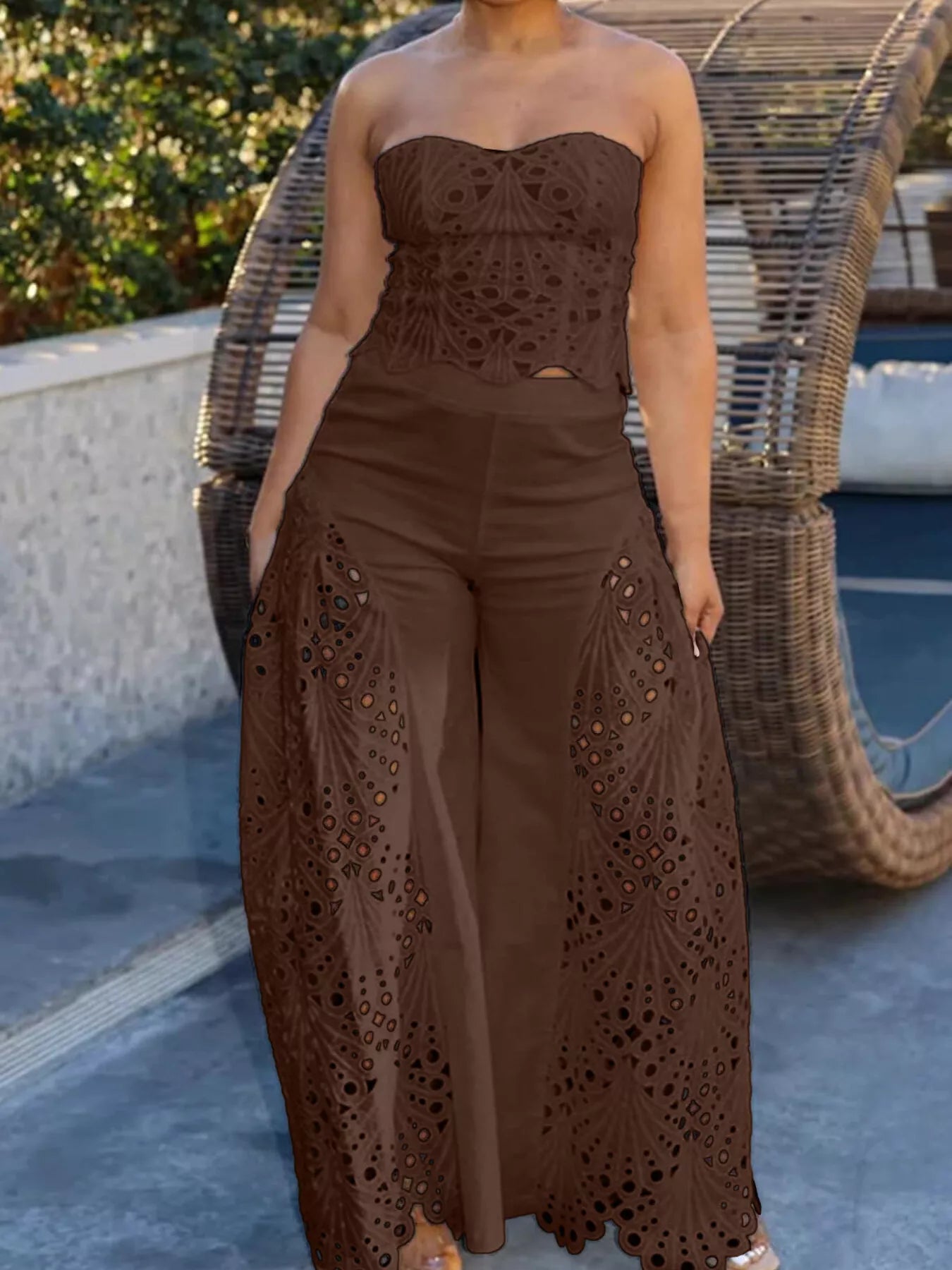 Hollow-Out Tube Top and Pants Two-Piece Set by Trendsi