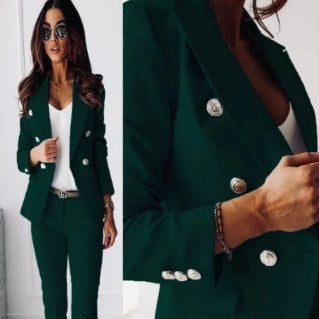 Casual Blazer Suit Slim Lapel Double-breasted Jacket And Zip-up Trousers Women's Clothing by Royal Closet