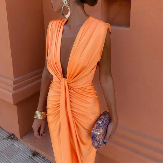 Solid Color Lace High Waist V-neck Dress by Royal Closet