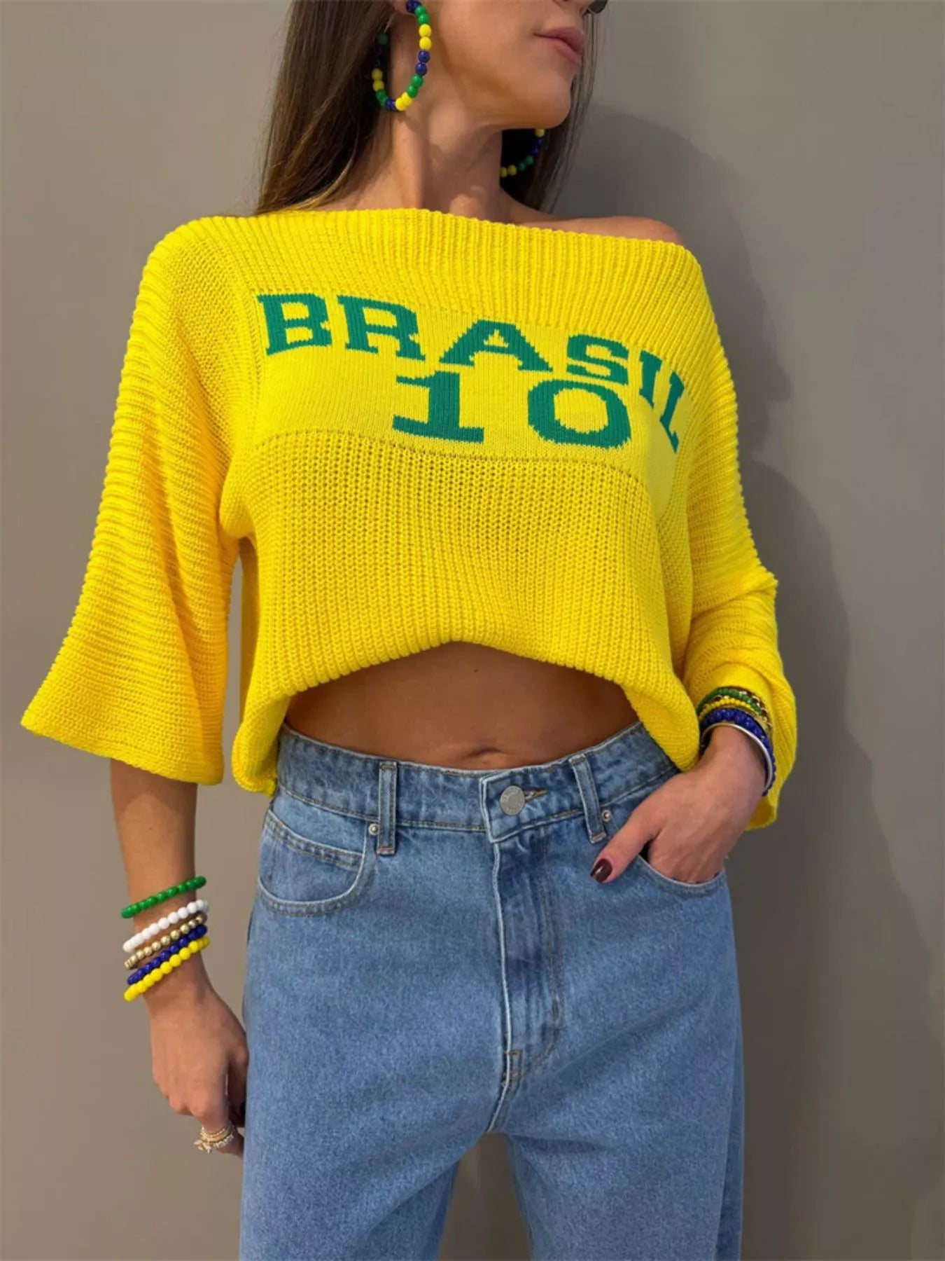 Brasil Letter Boat Neck Sweater by Trendsi