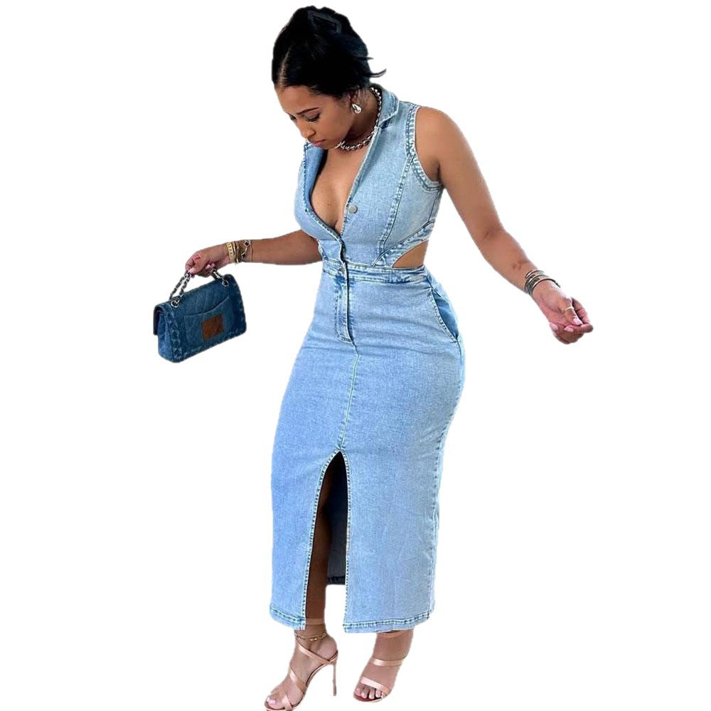 Women's Denim Dress, Fashion Sexy Sleeveless Flip Collar Split Dress by eprolo