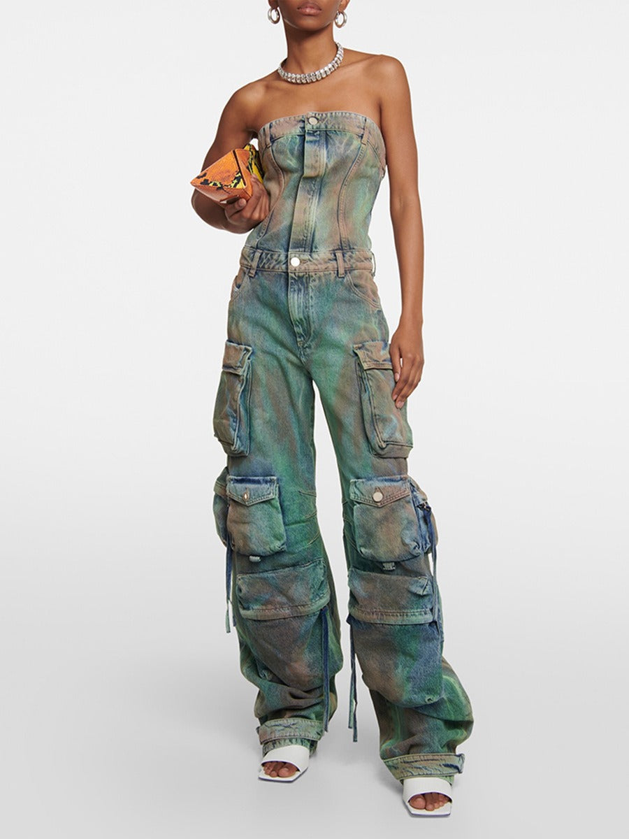 Patchwork Pockets Jumpsuit For Women Strapless Sleeveless High Waist Wide Leg Pant Streetwear Jumpsuits Female by eprolo