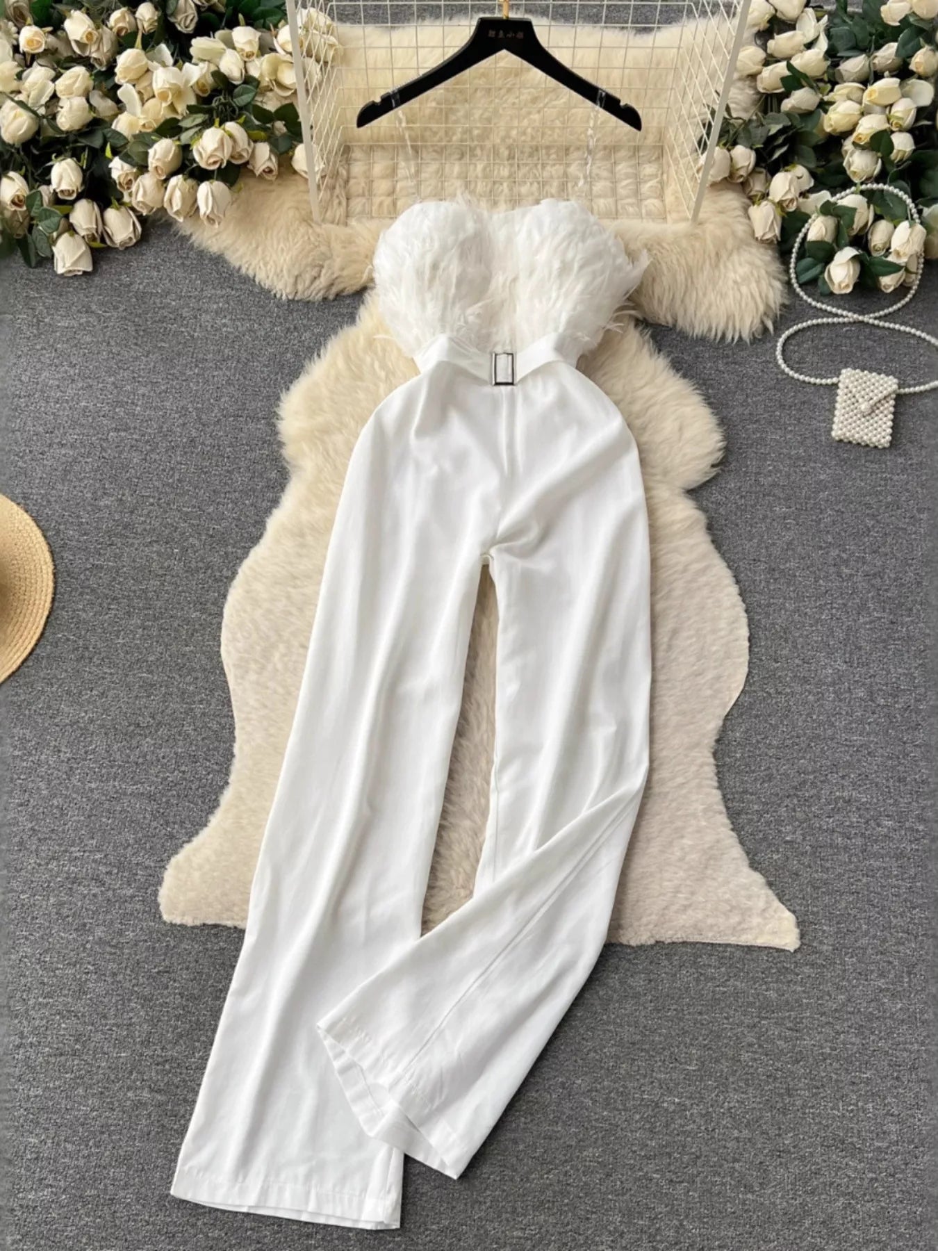 Feather Trim Strapless Wide Leg Jumpsuit by Trendsi