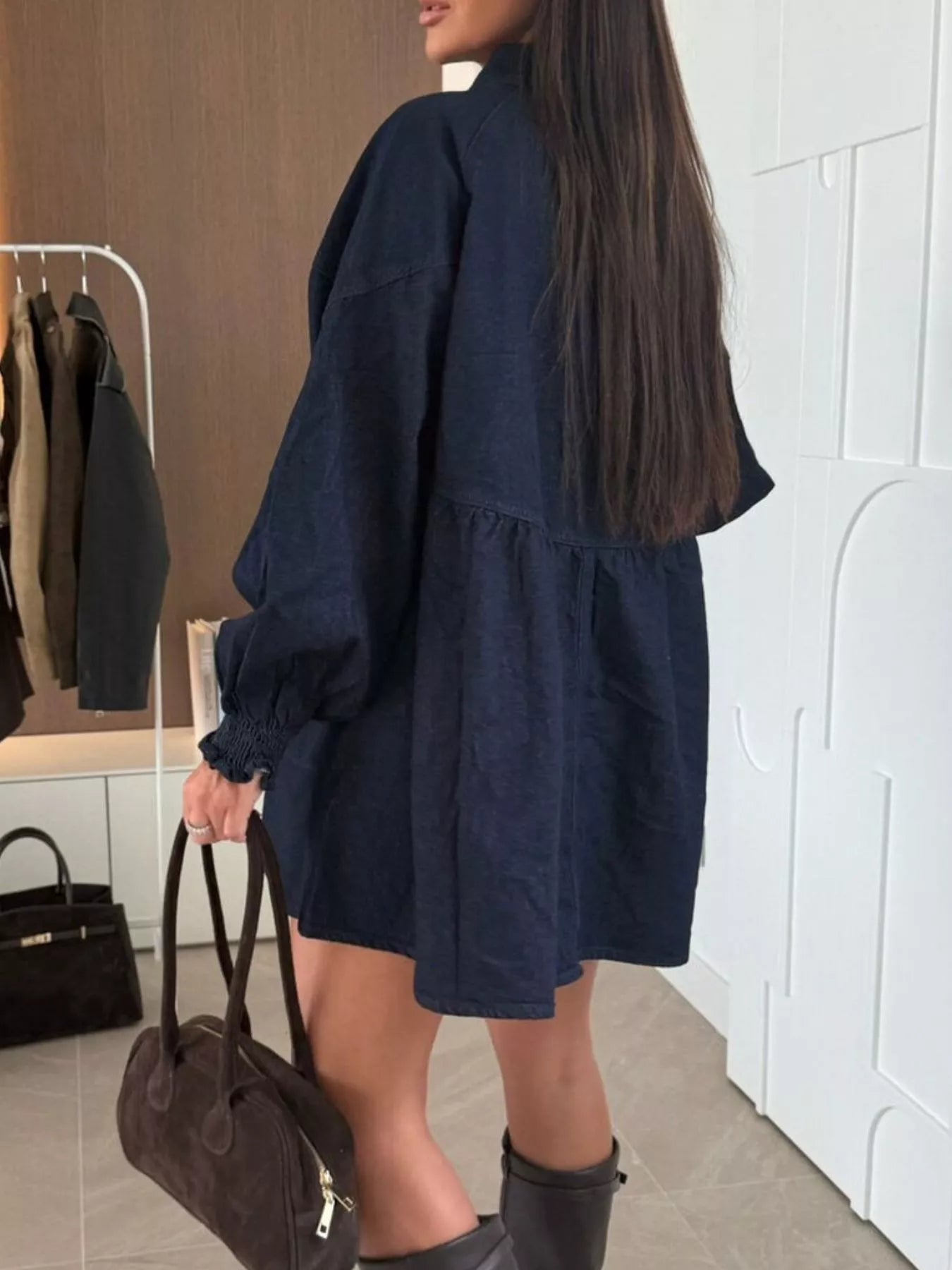 Button Down Mini Denim Dress with Front Pockets by Trendsi