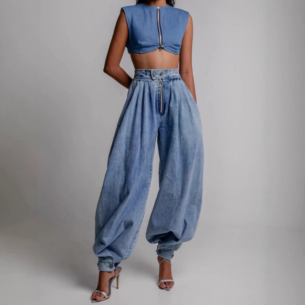 High Waist Zipper Denim Loose Harem Pants by Royal Closet
