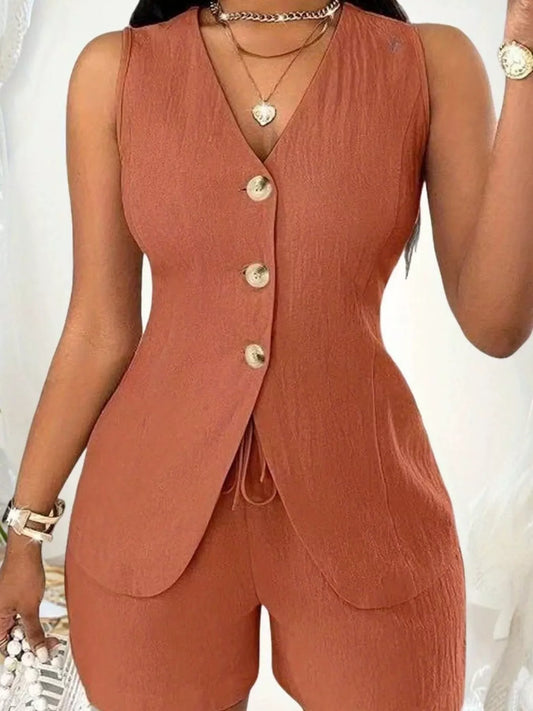 Sleeveless Button-Down Vest & Shorts Set by Trendsi