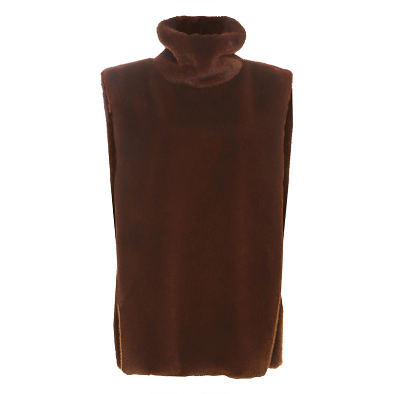 Fashionable Solid-Color Turtleneck Fleece Vest Sleeveless Jacket by Royal Closet