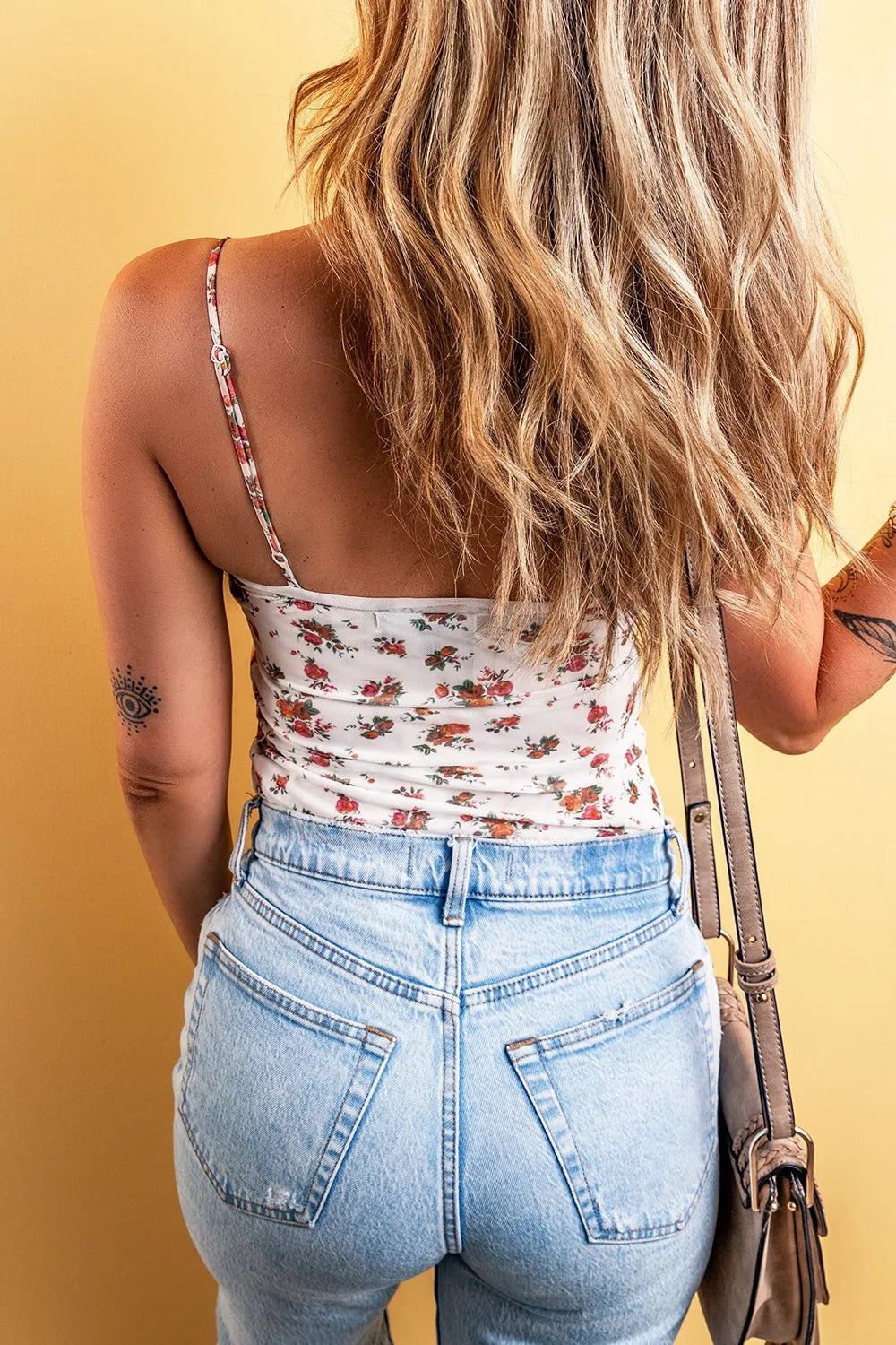Floral Frilled Trim Spaghetti Straps Bodysuit by Trendsi