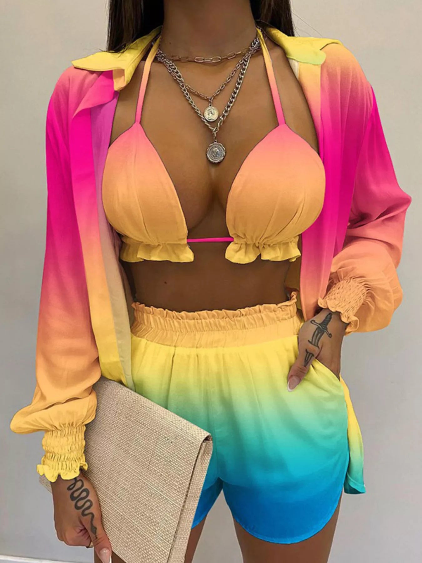 Full Size Halter Neck Cami & Shirt & Shorts 3-Piece Outfit Set Plus Size by Trendsi