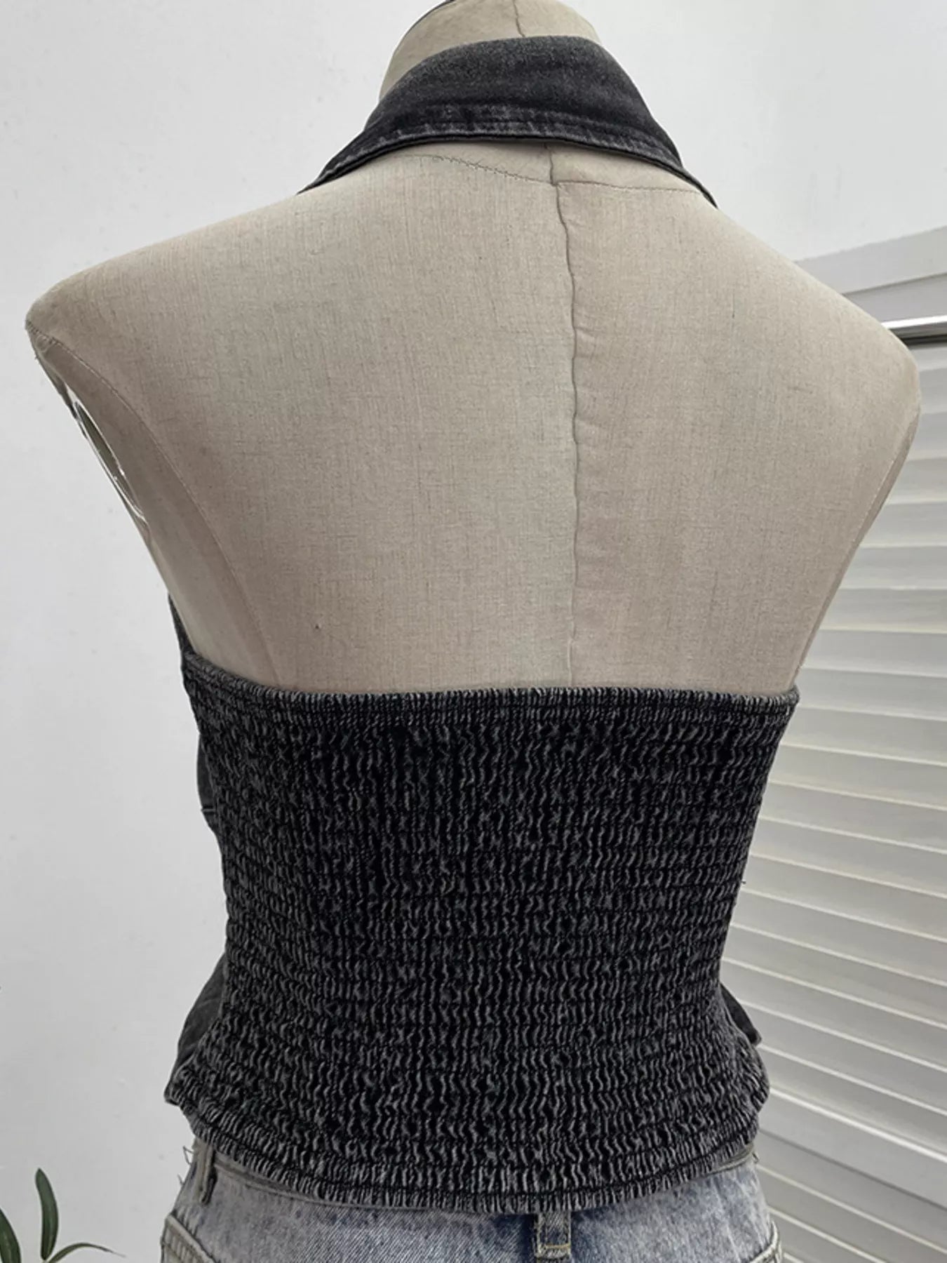 Smocked Denim Halter Collar Top by Trendsi