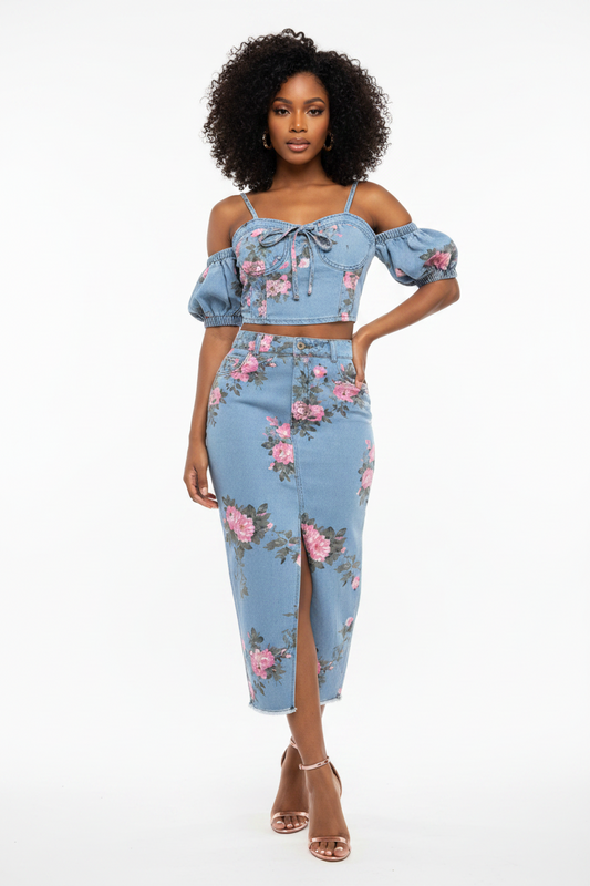 Floral Print Sweetheart Neck Cami and Skirt Denim Set by Trendsi