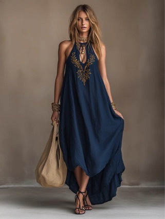 Neck-hanging Backless Maxi Sleeveless High-slit Embroidered Resort-style Dress by Royal Closet