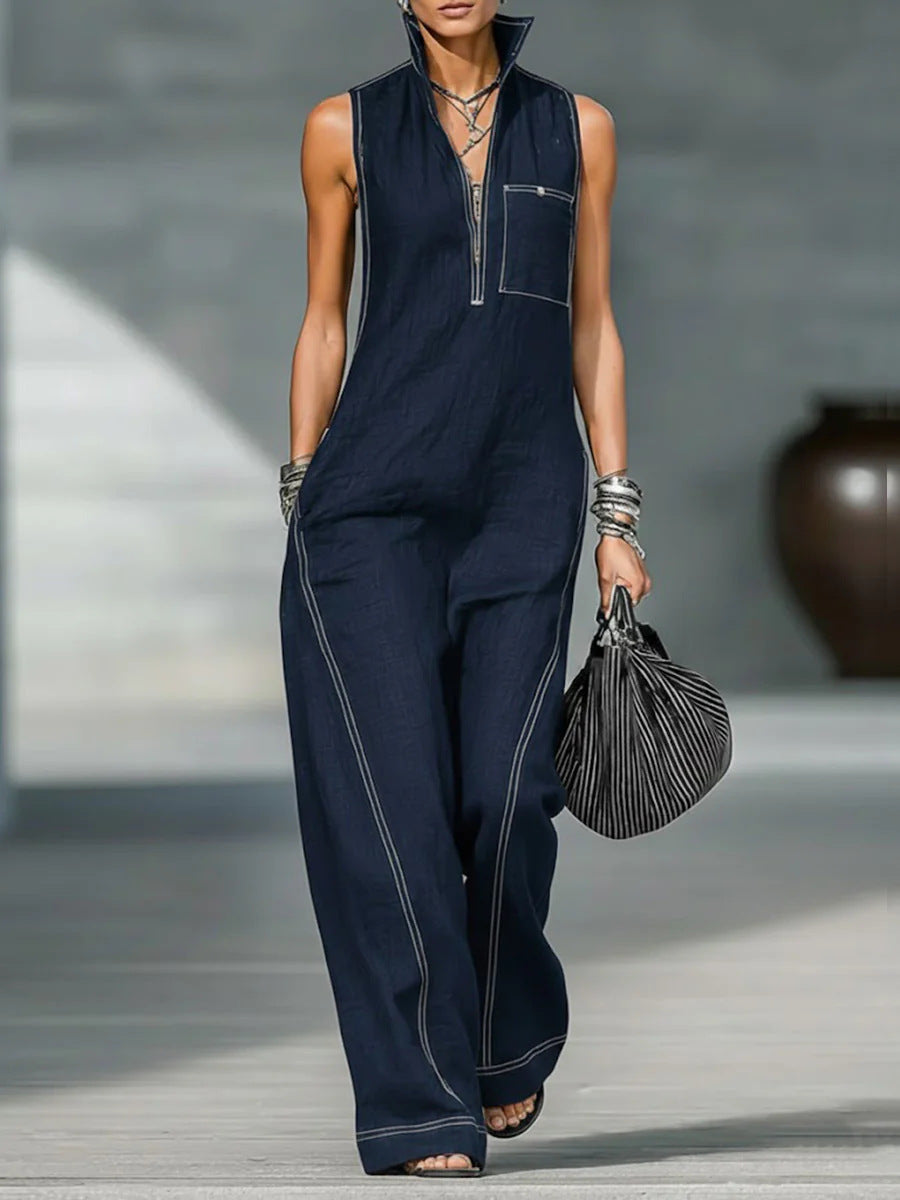 Stand-up Collar Jumpsuit With Pockets Summer Fashion Casual Sleeveless Jumpsuit Trousers Women's Clothing by Royal Closet