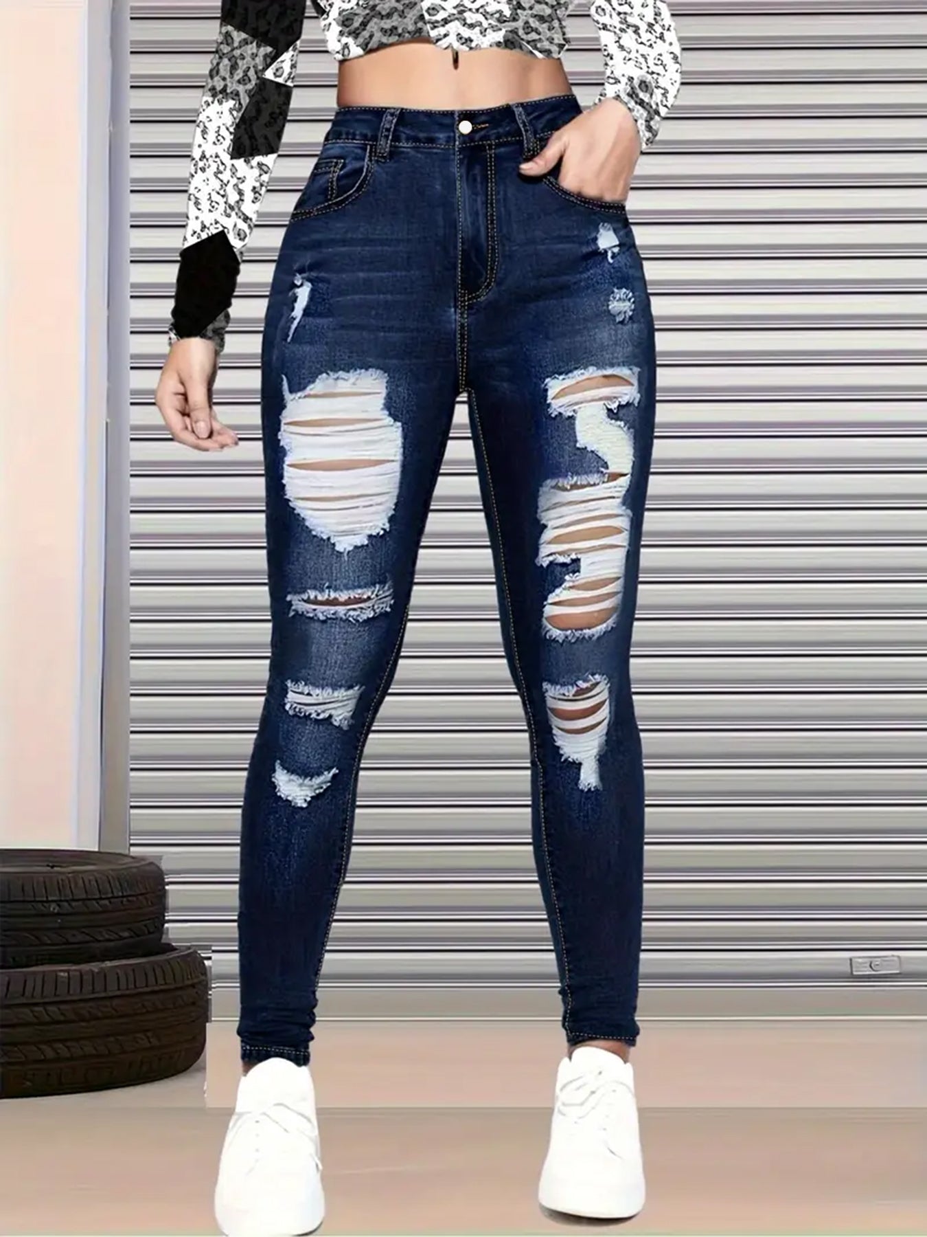 New Womens Ripped Nine Quarter Cut Jeans by Royal Closet