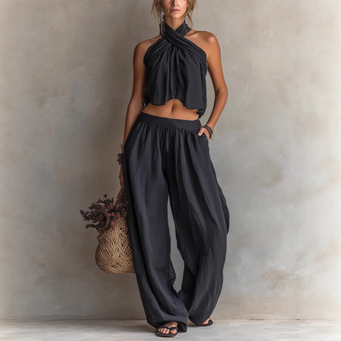 Womens Loose-Fit Sleeveless Top And Wide-Leg Pants Two-Piece Set by Royal Closet