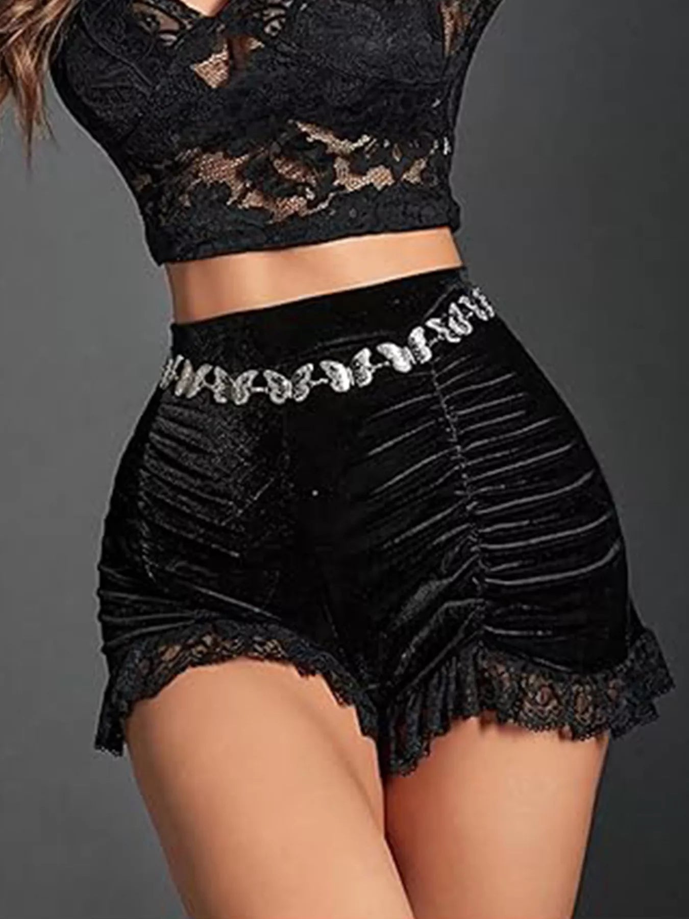 Ruched Lace Trim Shorts by Trendsi