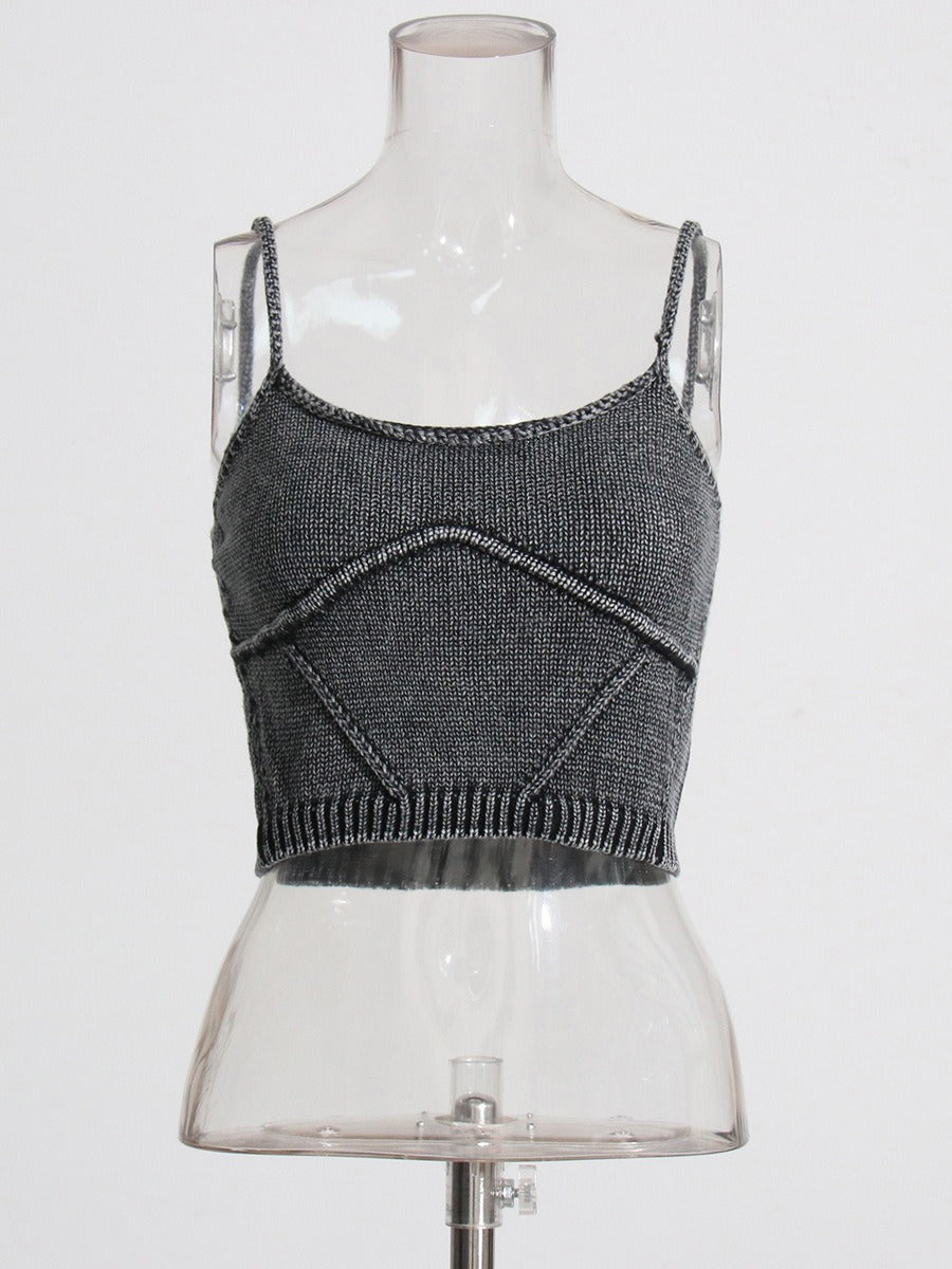 Streetwear Denim Two Piece Set Womens Square Collar Sleeveless Tanks O Neck Long Sleeve Tops Knitting Female Sets by eprolo