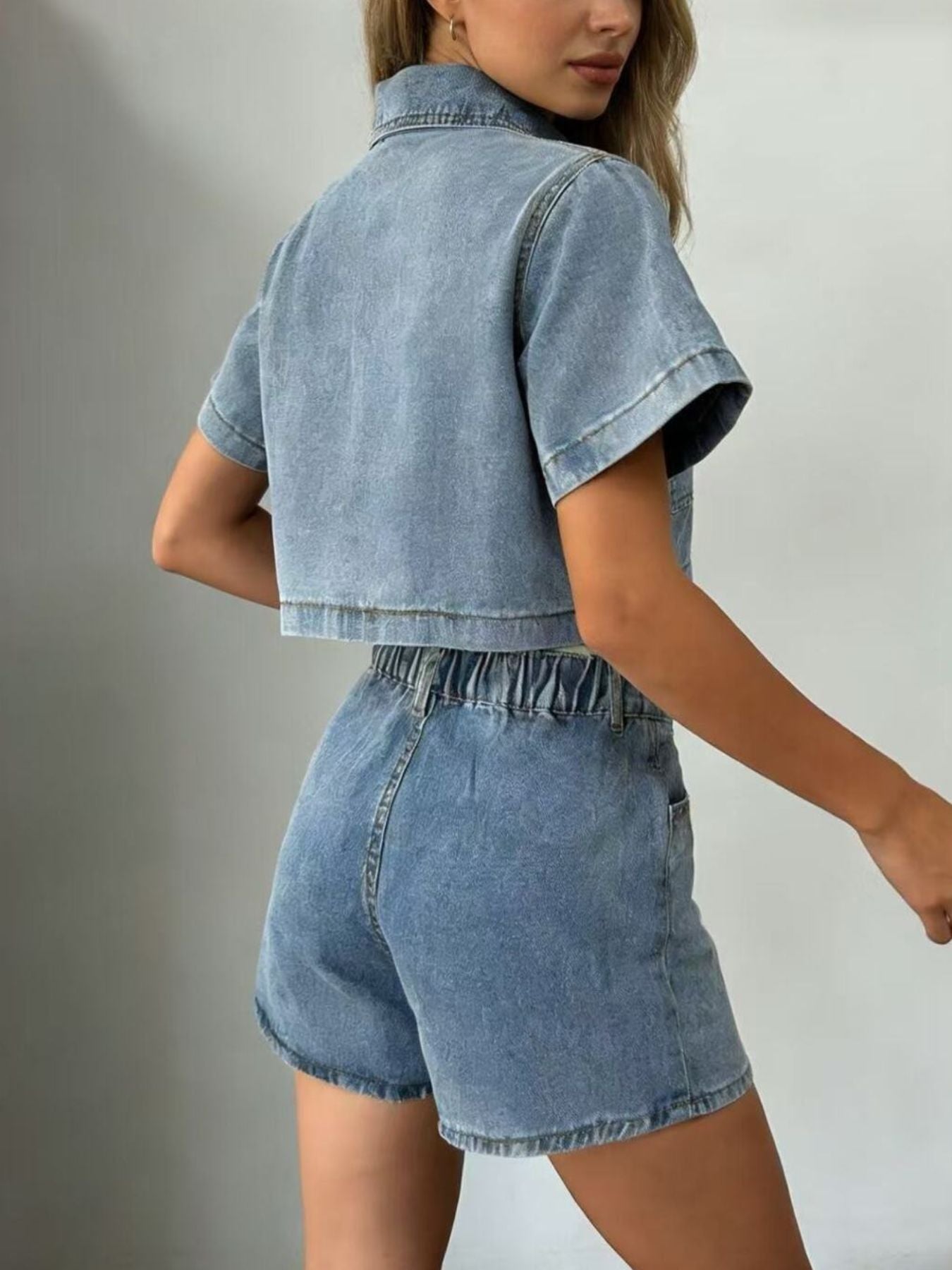 Womens Short Sleeve Cropped Top and Skort Denim Set by Trendsi