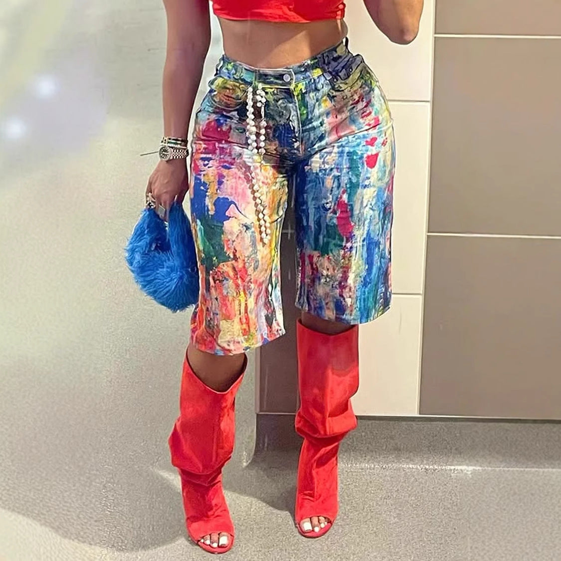 Fashionable Casual Straight-leg Pants Painted Shorts by Royal Closet
