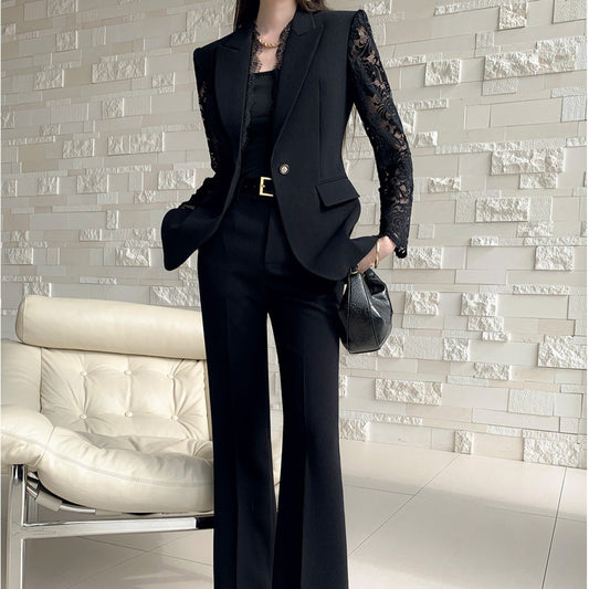 One Button Lace Panelled Blazer And Trousers Two Piece Set by Royal Closet