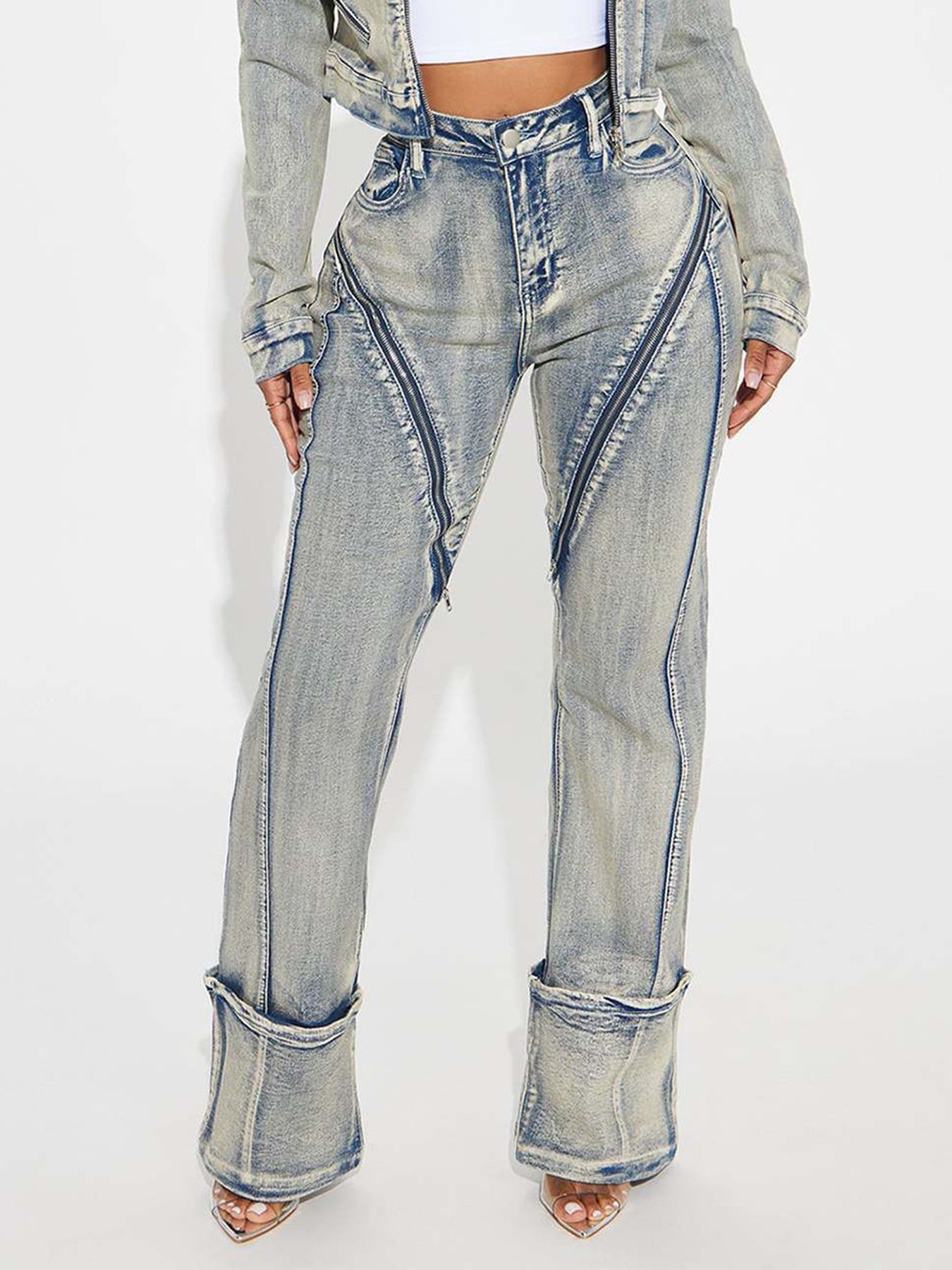 New Women's Washed Zipper Denim Jeans by Royal Closet