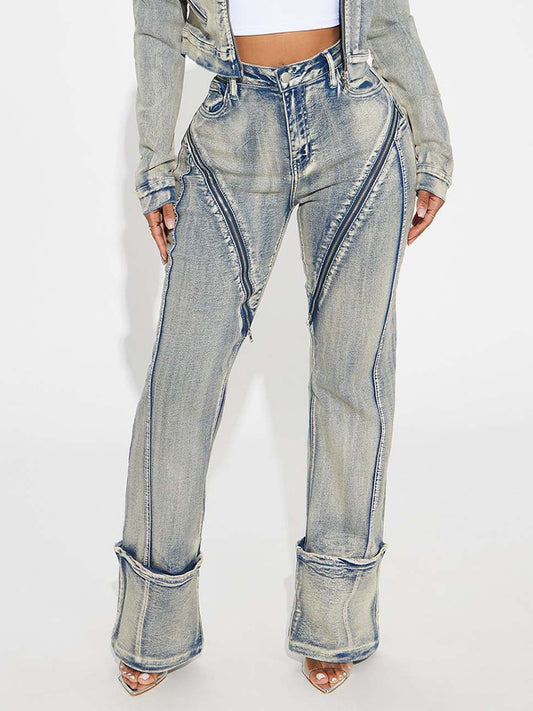 New Women's Washed Zipper Denim Jeans by Royal Closet