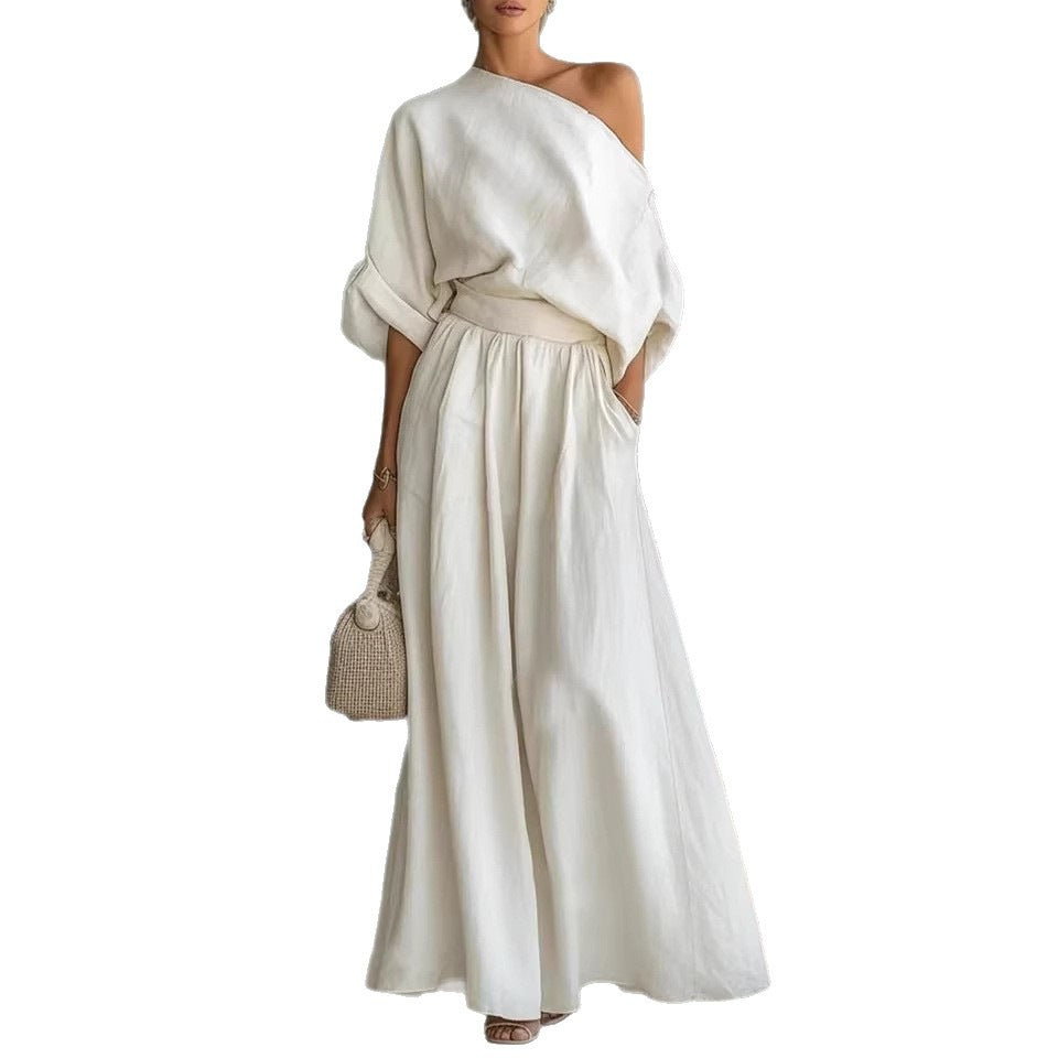 Elegant Fitted Asymmetrical Shoulder Top and Pants Two-Piece Set by eprolo