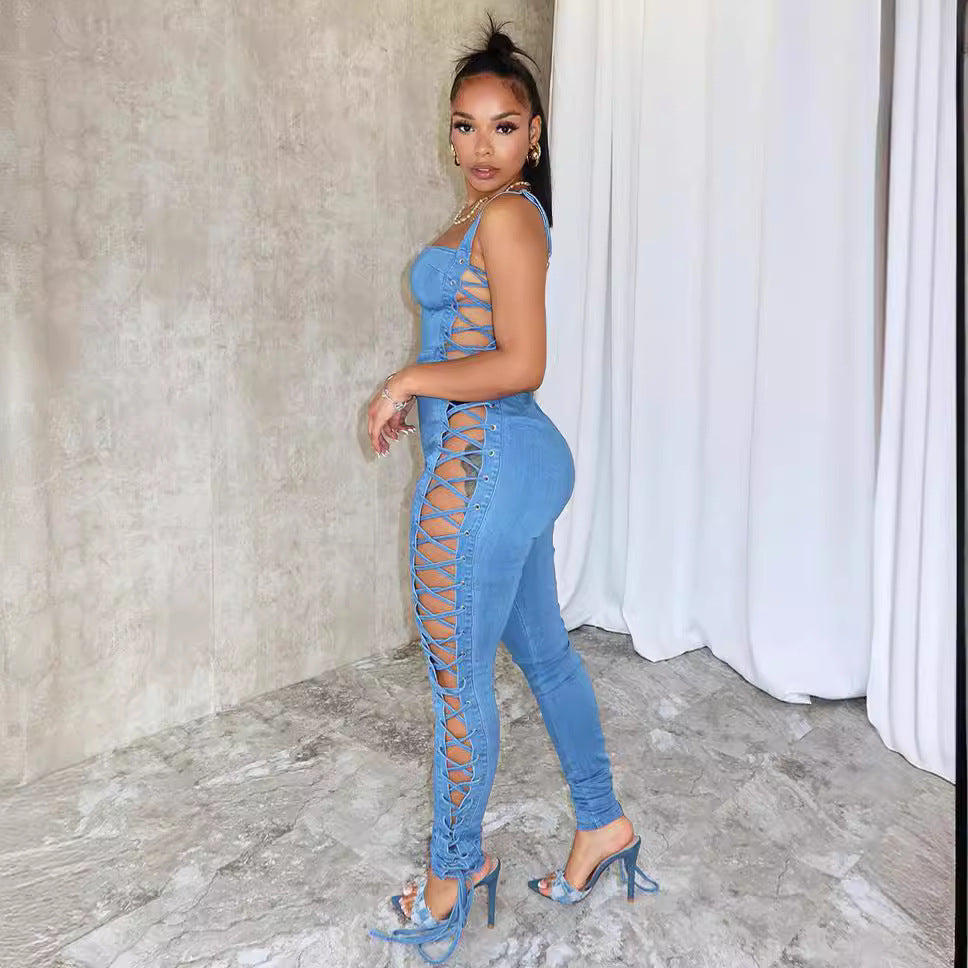 Fashionable Women's Belted Jumpsuit with Side Drawstring Denim Overalls by eprolo
