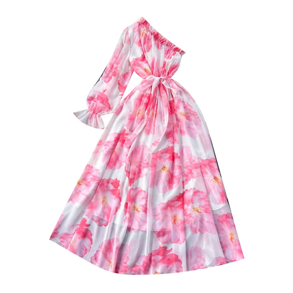 Oblique Shoulder Bubble Sleeves Chiffon Dress Womens Bubble Sleeves Wrapped Waist Large Swing Flower Fairy Long Dress by eprolo