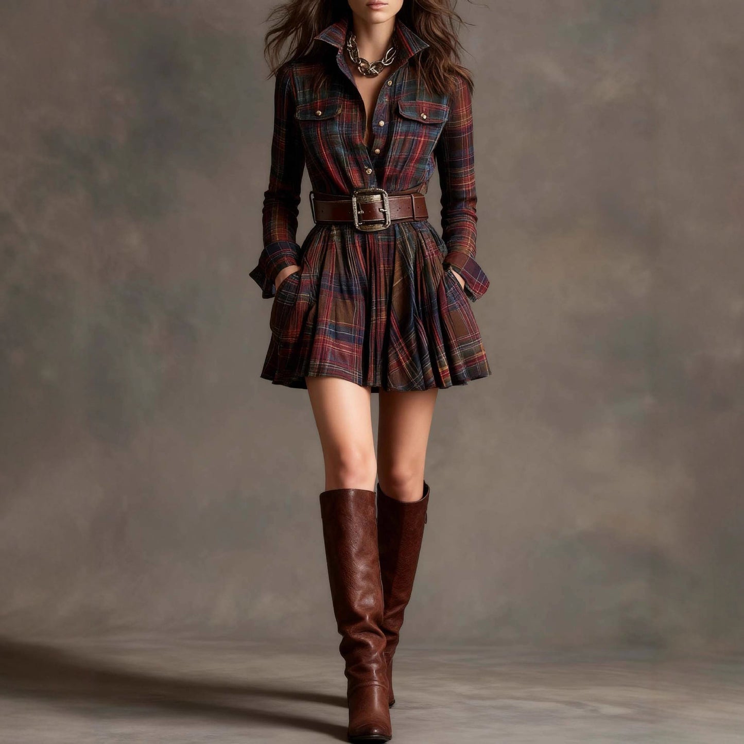 European And American Elegant Plaid Long Sleeve Short Dress Belt by Royal Closet
