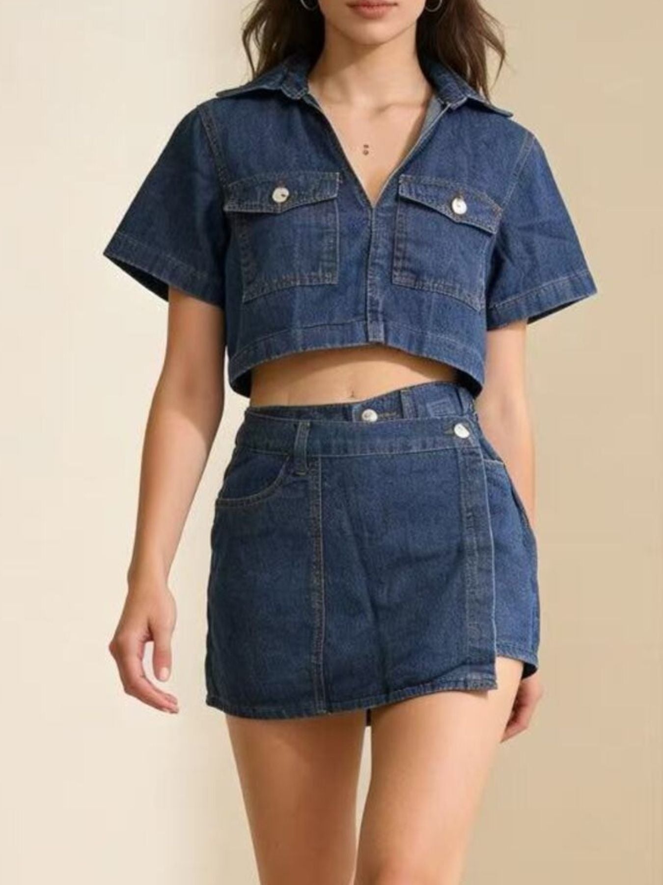 Womens Short Sleeve Cropped Top and Skort Denim Set by Trendsi