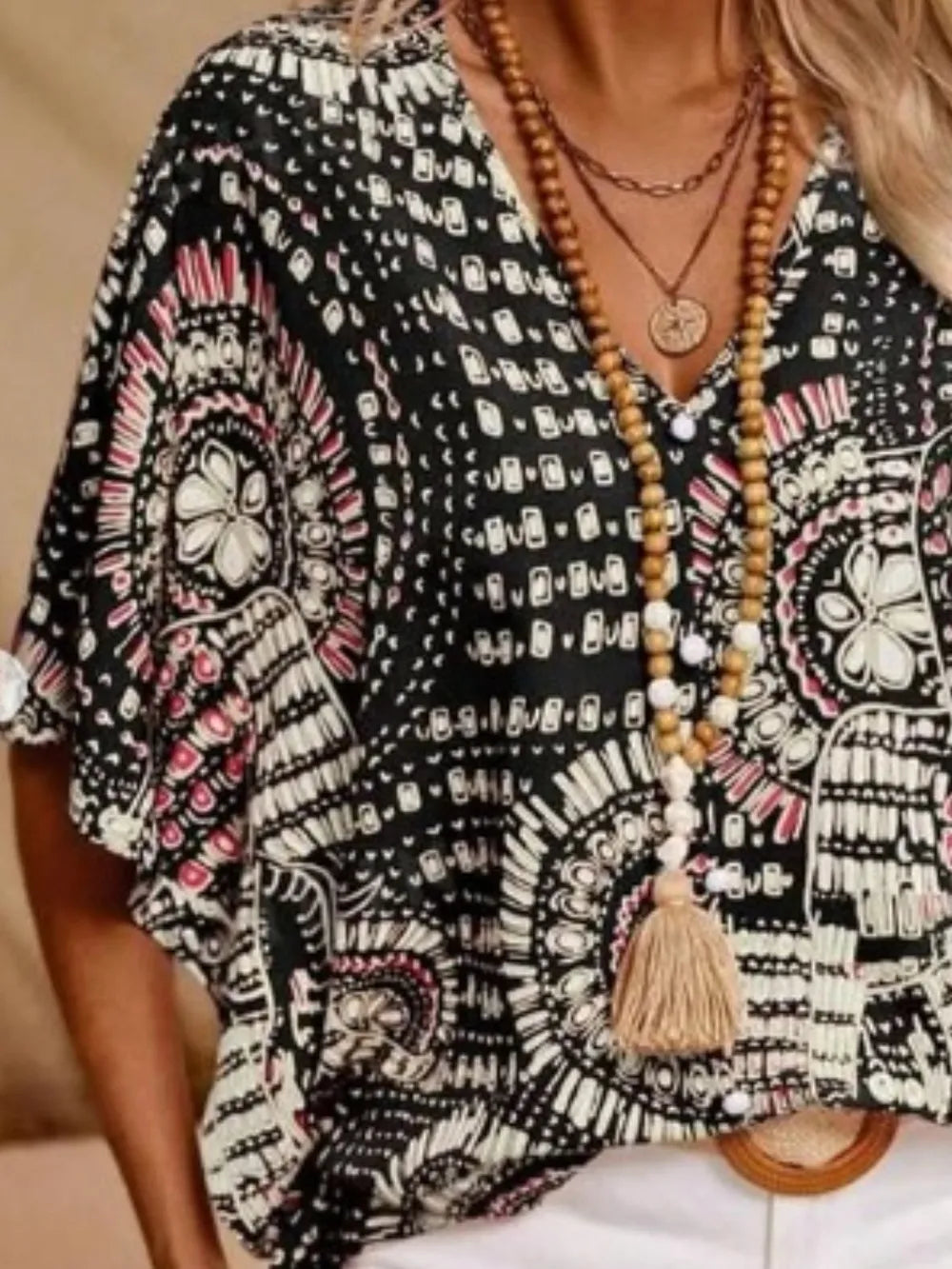 Printed V-Neck Half Sleeve Top by Trendsi