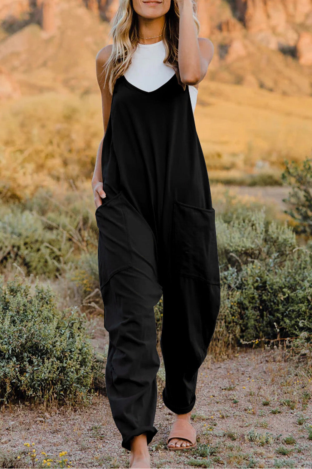 Double Take Full Size V-Neck Sleeveless Jumpsuit with Pockets by Trendsi
