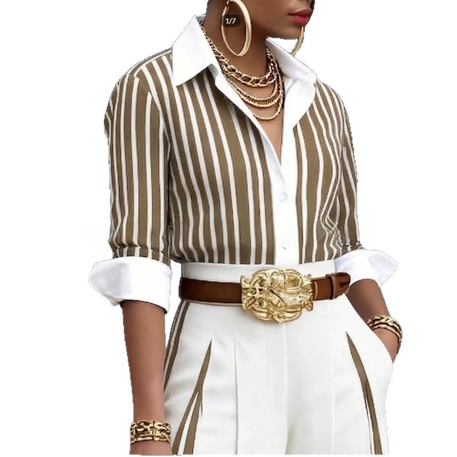 Striped Shirt And Vertical-striped Wide-leg Pants Set by Royal Closet