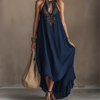 Neck-hanging Backless Maxi Sleeveless High-slit Embroidered Resort-style Dress by Royal Closet