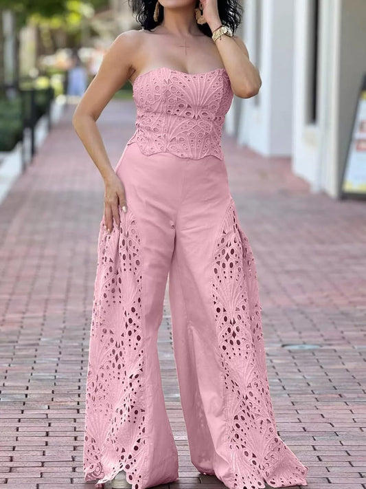 Hollow-Out Tube Top and Pants Two-Piece Set by Trendsi