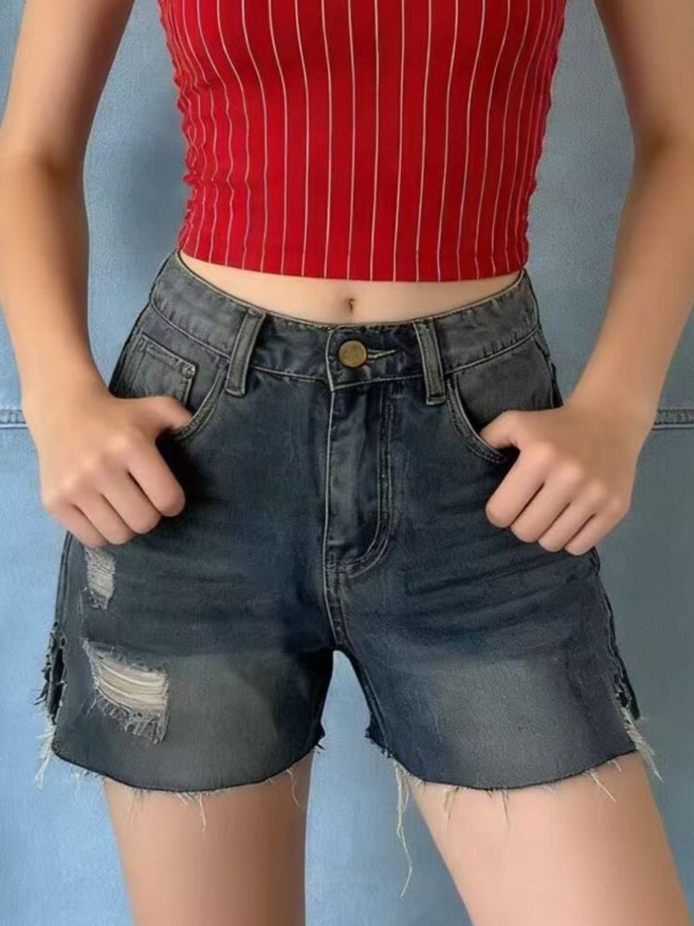 Distressed Slit Denim Shorts by Trendsi