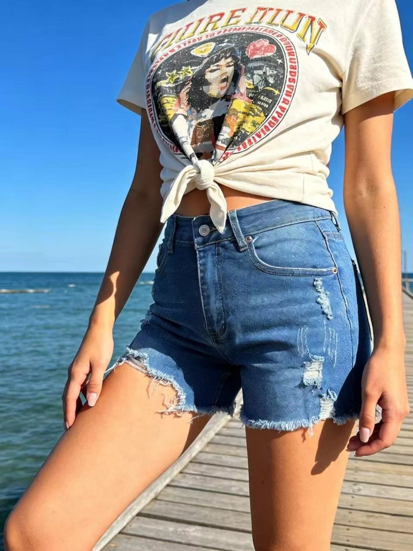 Distressed Frayed Hem Denim Shorts by Trendsi