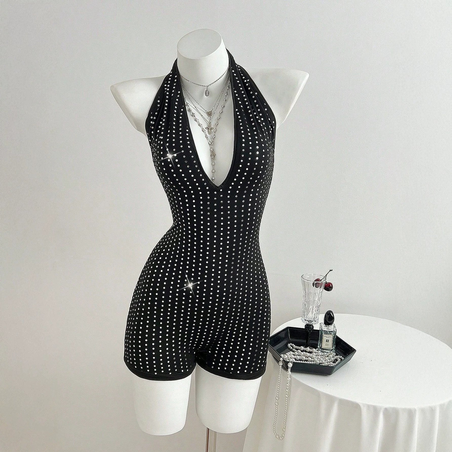 Deep V-neck tie up backless jumpsuit shorts by eprolo