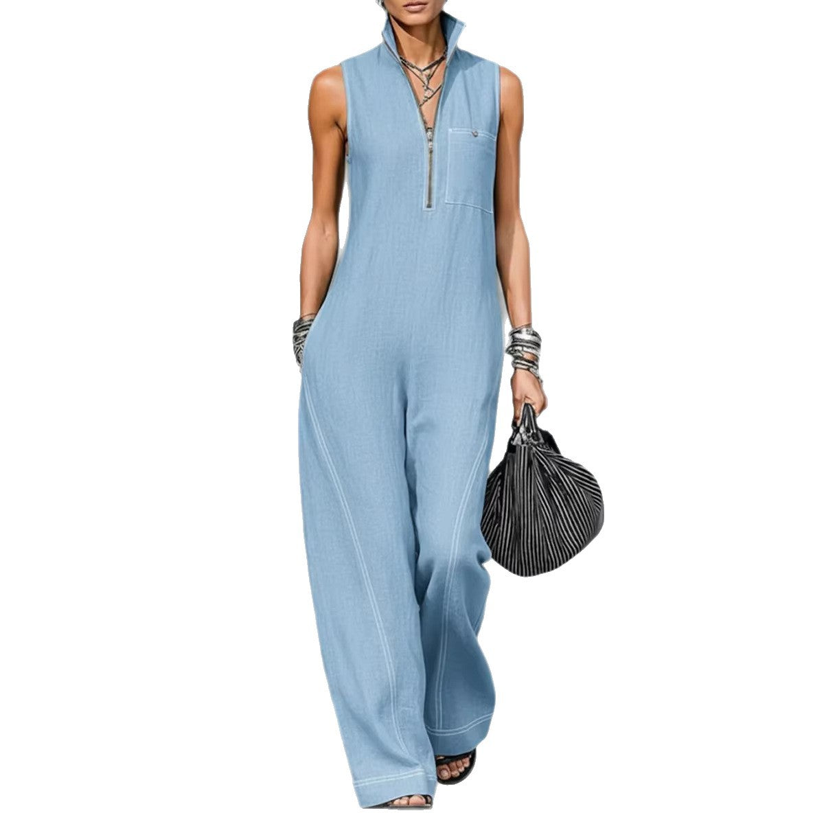 Stand-up Collar Jumpsuit With Pockets Summer Fashion Casual Sleeveless Jumpsuit Trousers Women's Clothing by Royal Closet