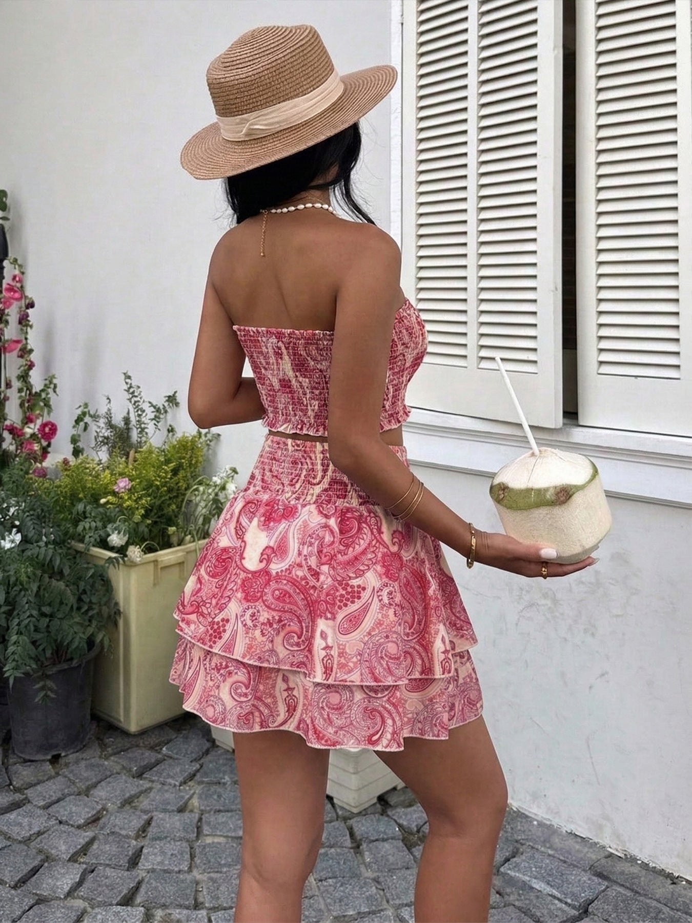 Womens Paisley Print Tube Top and Ruffle Mini Skirt Set by Trendsi