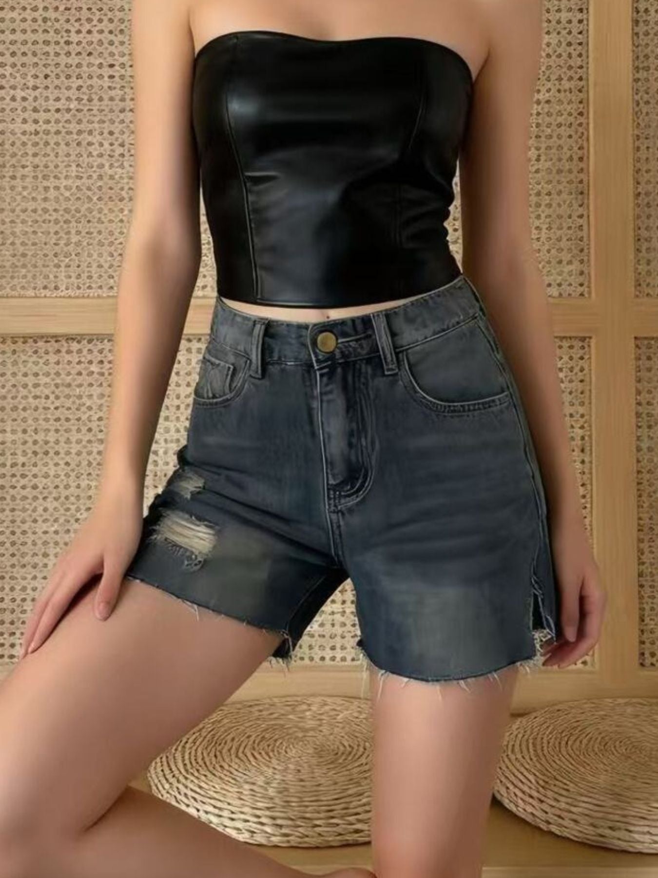 Distressed Slit Denim Shorts by Trendsi