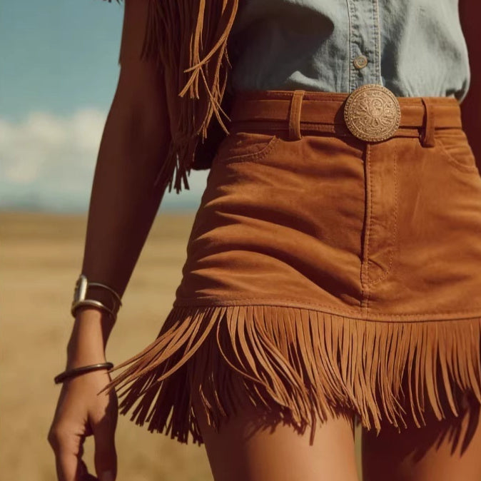 Western Retro Bohemian Style Faux Suede Fringe Skirt by Royal Closet
