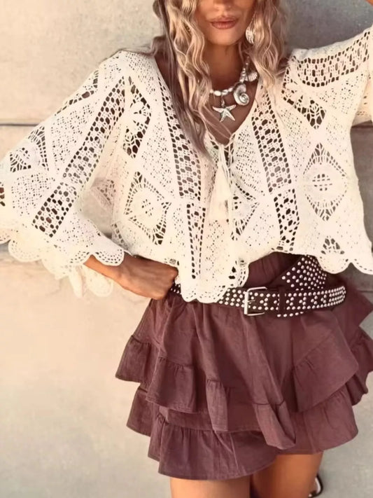 Tassel V-Neck Crochet Knit Top by Trendsi
