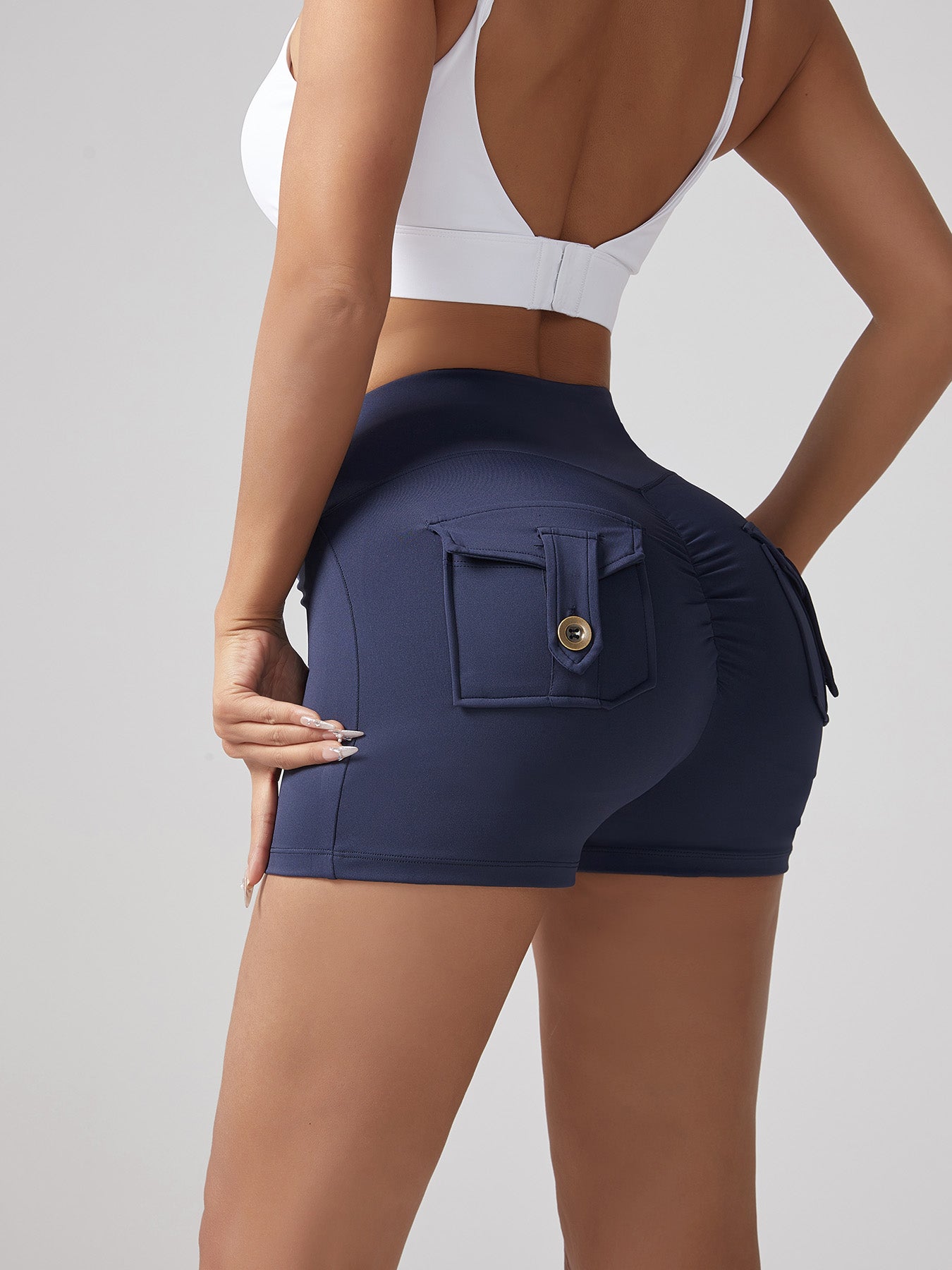 V-waist Stretch Yoga Workwear, Pocket Button Tight Pants, Women's Peach Hip Running And Fitness Shorts by Royal Closet